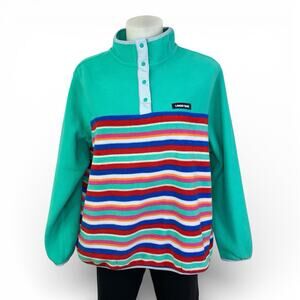 Lands End Women's Heritage Fleece Snap Neck Pullover Sweater Top Size XL Striped
